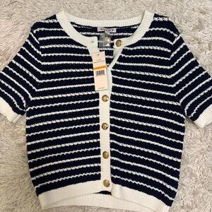Nanette Lepore Navy and White Striped Cardigan with Gold Buttons